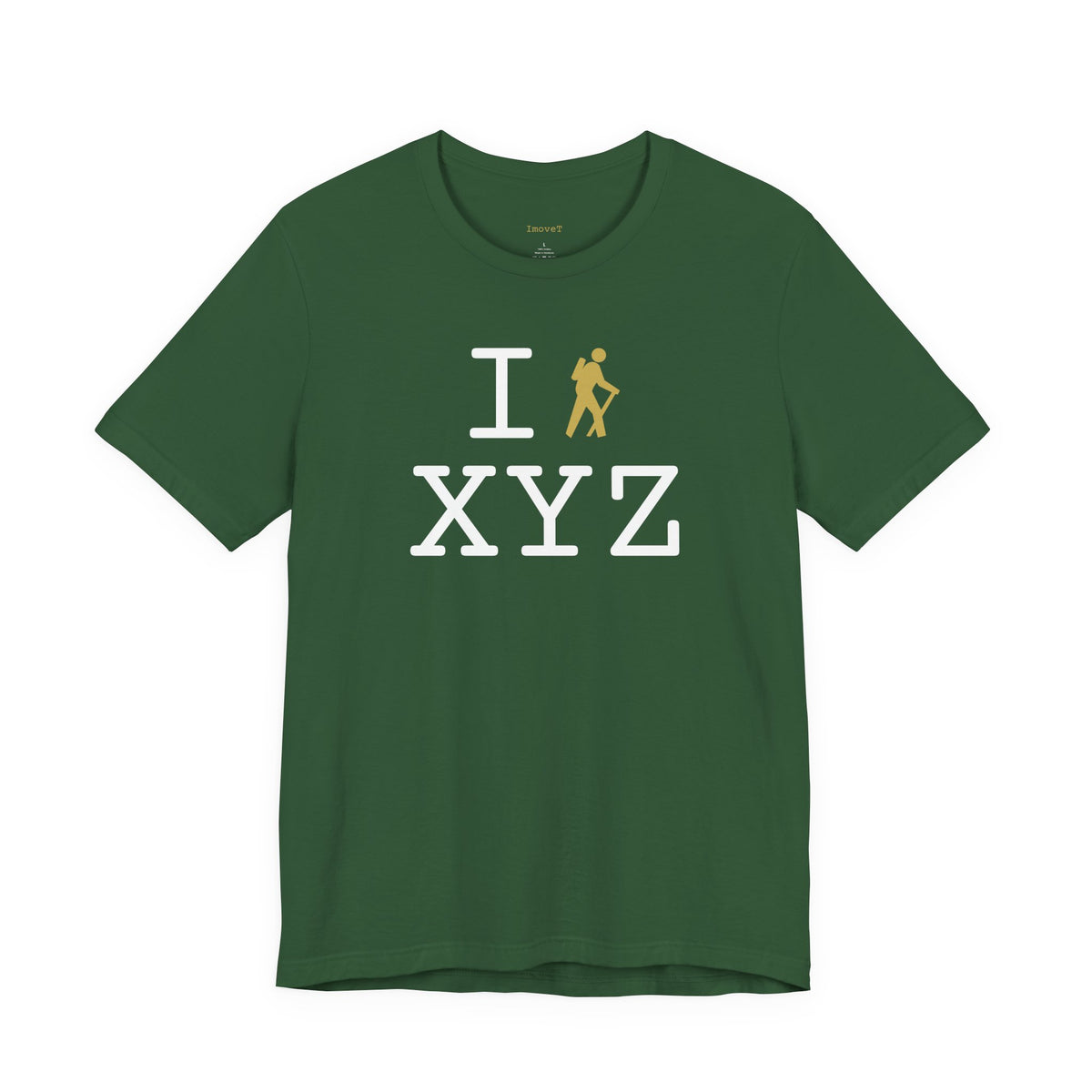 I Hike unisex T, gold hiker