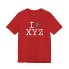 I Hike unisex T, teal hiker