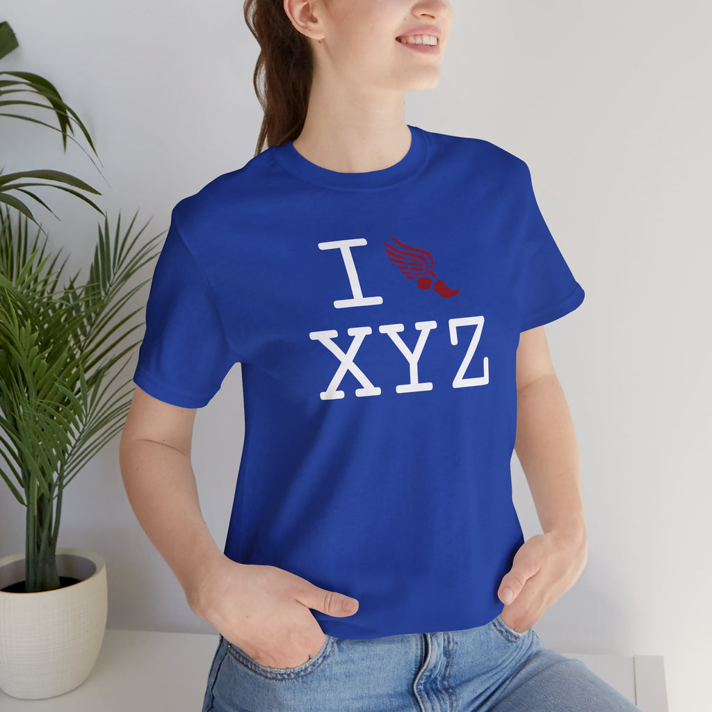I Run unisex T, crimson logo
