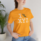 I Run unisex T, dark green logo