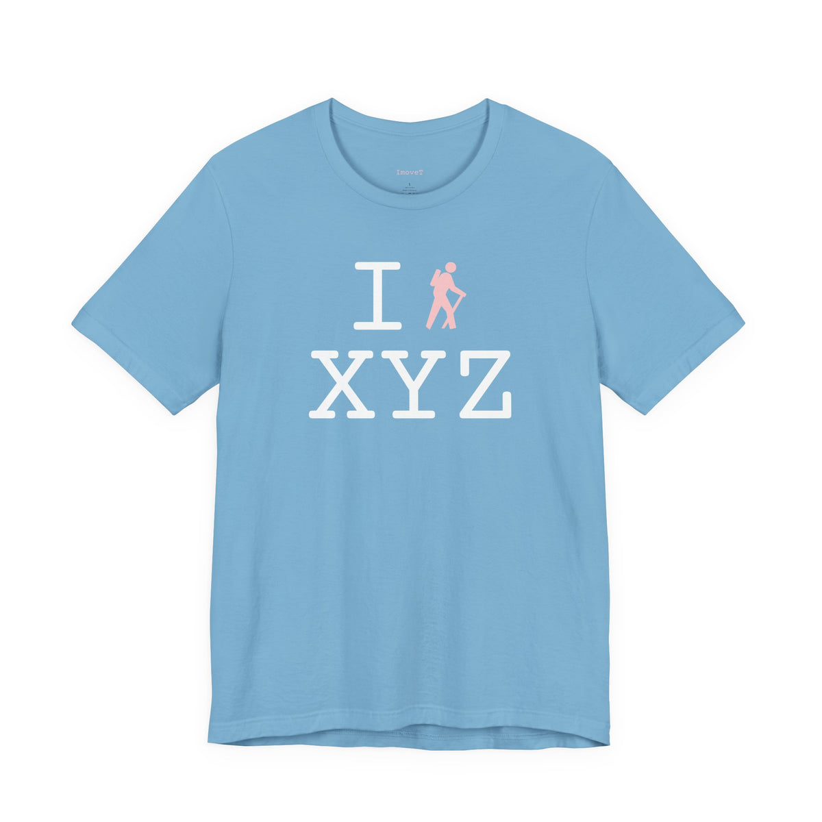 I Hike unisex T, pink hiker