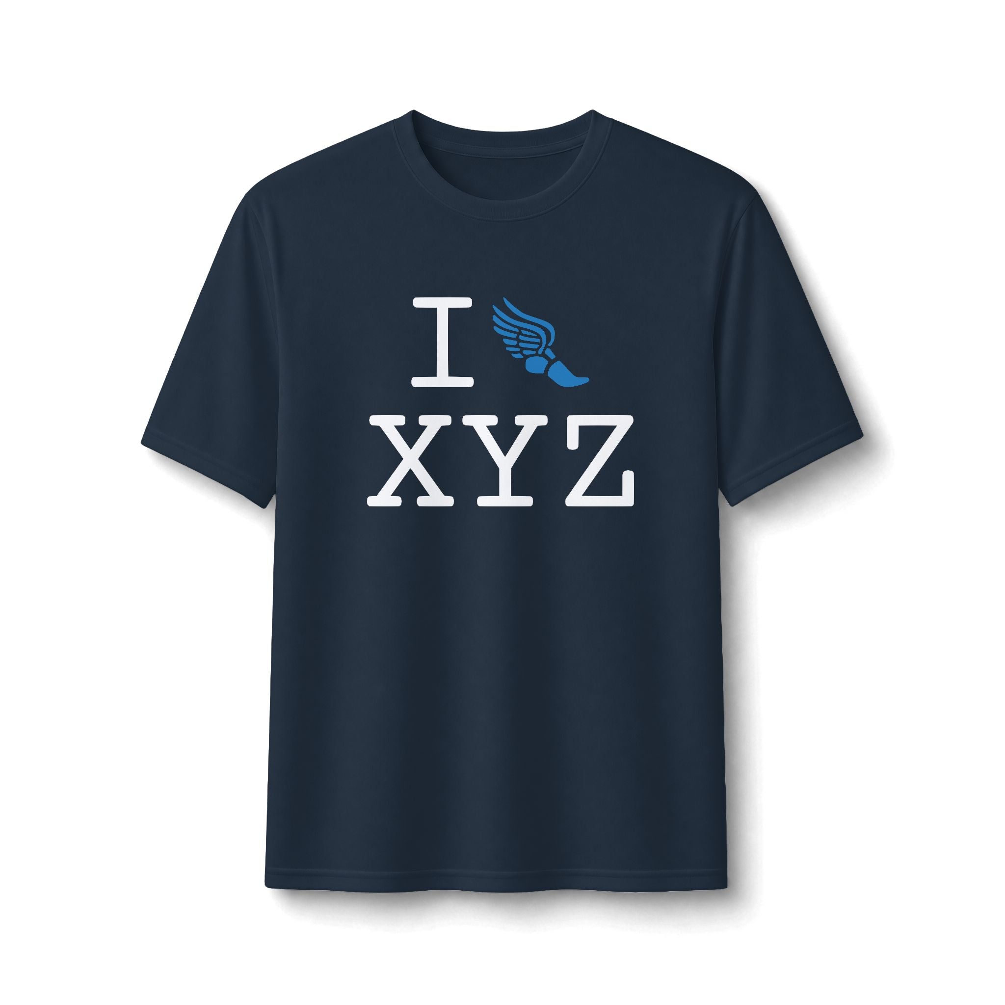 I Run ___ athletic T, light blue logo