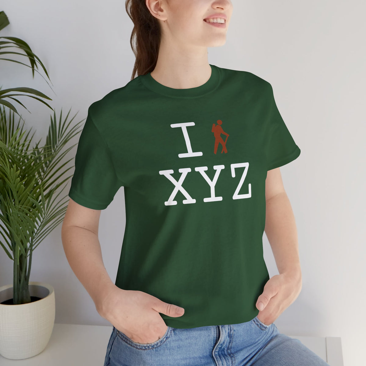 I Hike unisex T, dark orange hiker