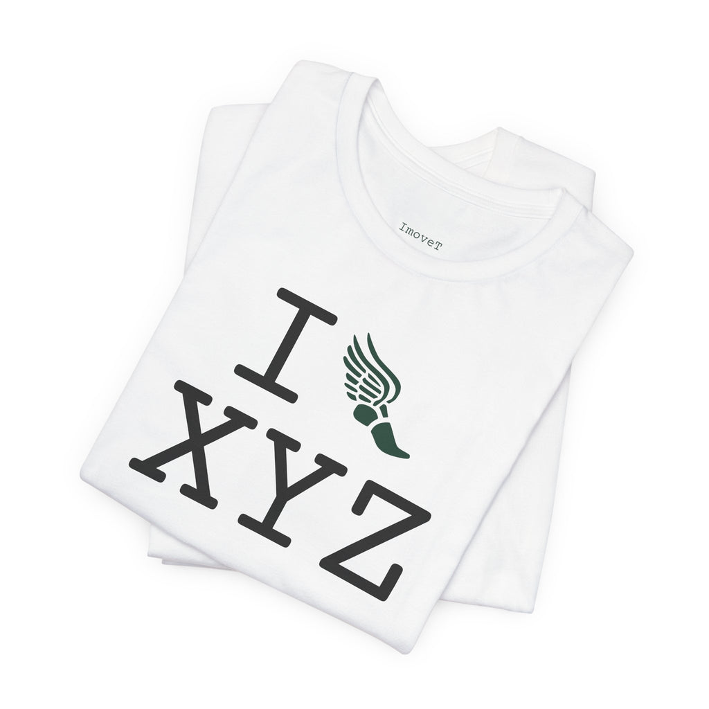 I Run unisex T, dark green logo