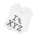 I Run unisex T, dark green logo