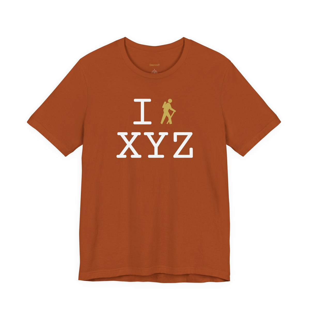 I Hike unisex T, gold hiker