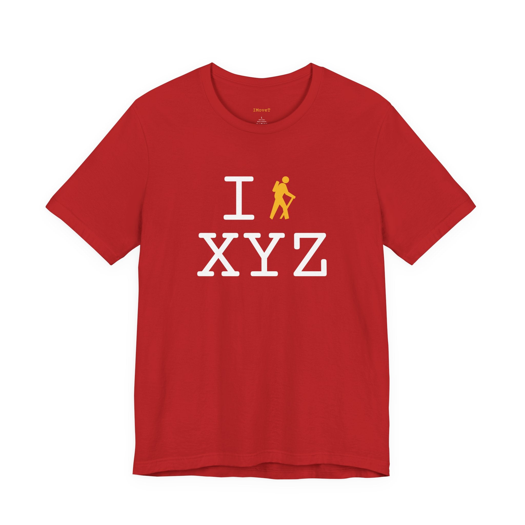 I Hike ___ unisex T, yellow hiker