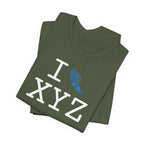 I Run unisex T, light blue logo