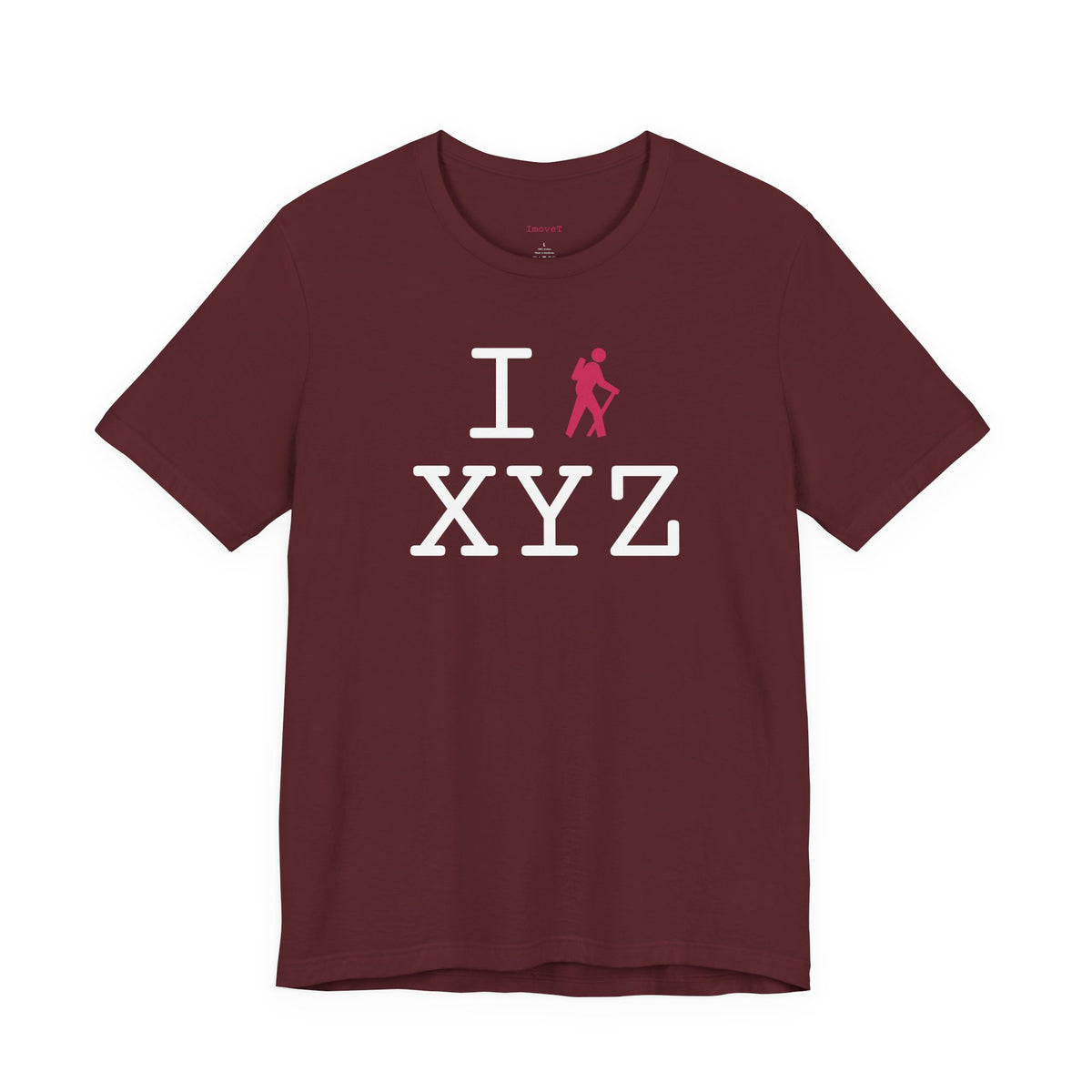 I Hike unisex T, hot pink hiker