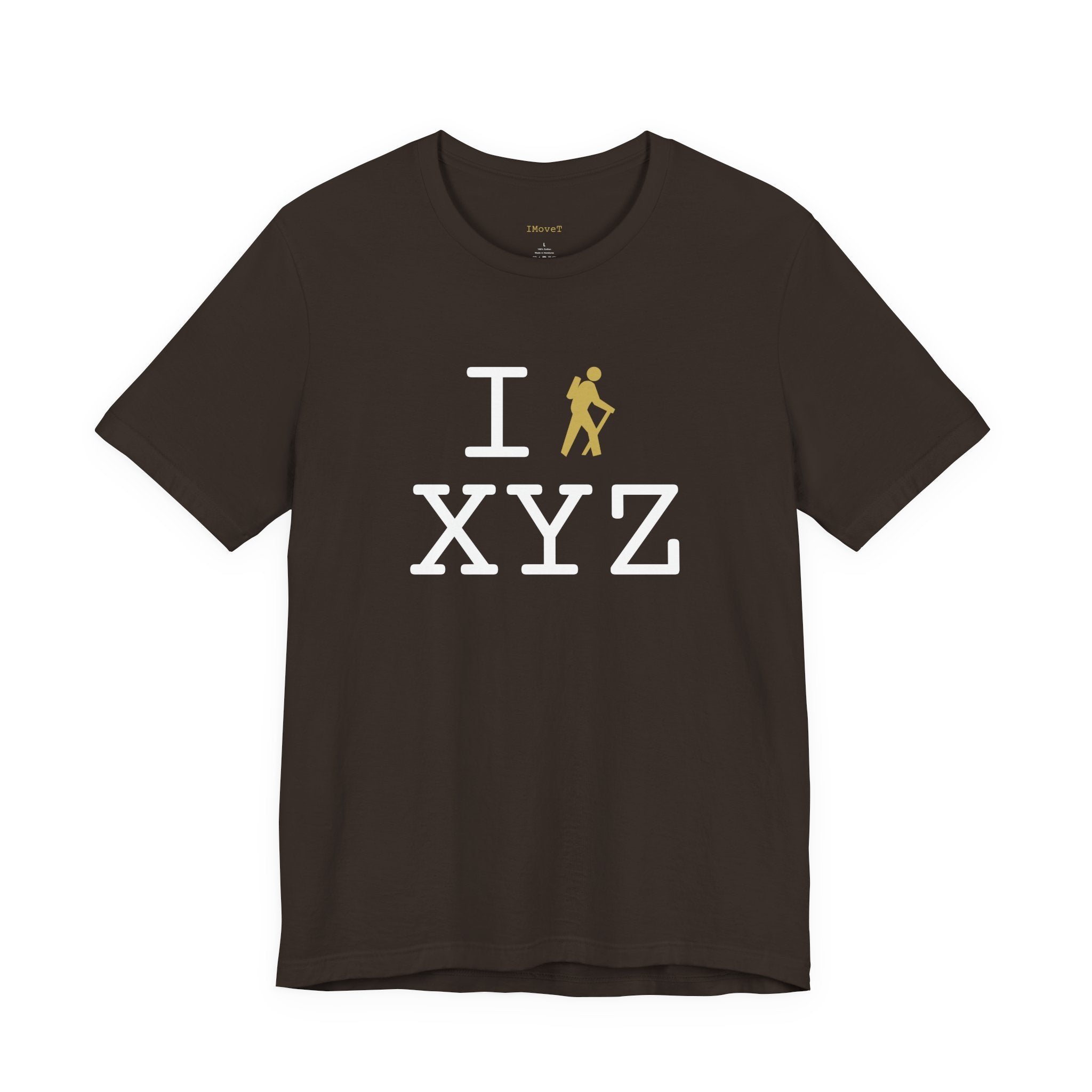 I Hike ___ unisex T, gold hiker