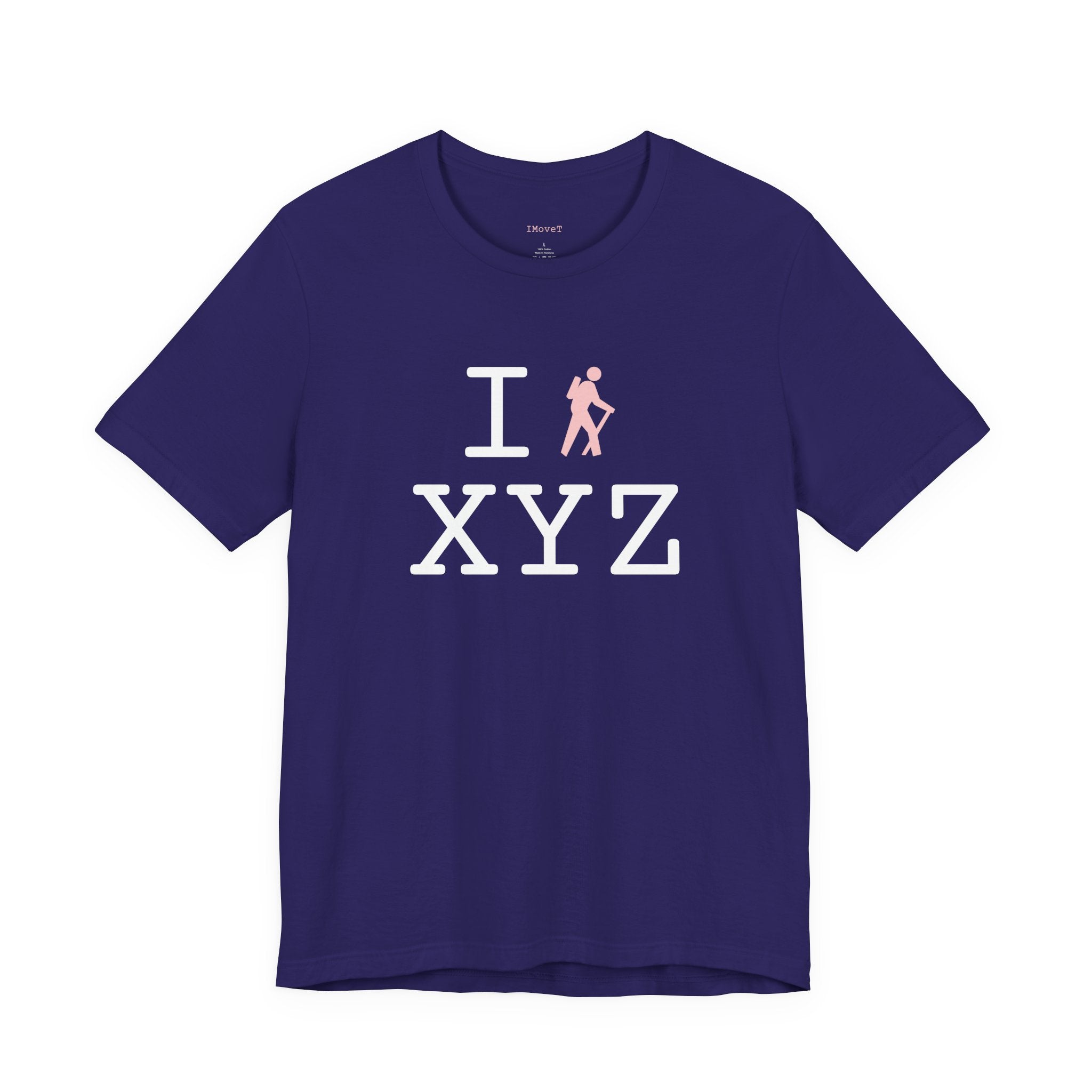 I Hike ___ unisex T, pink hiker