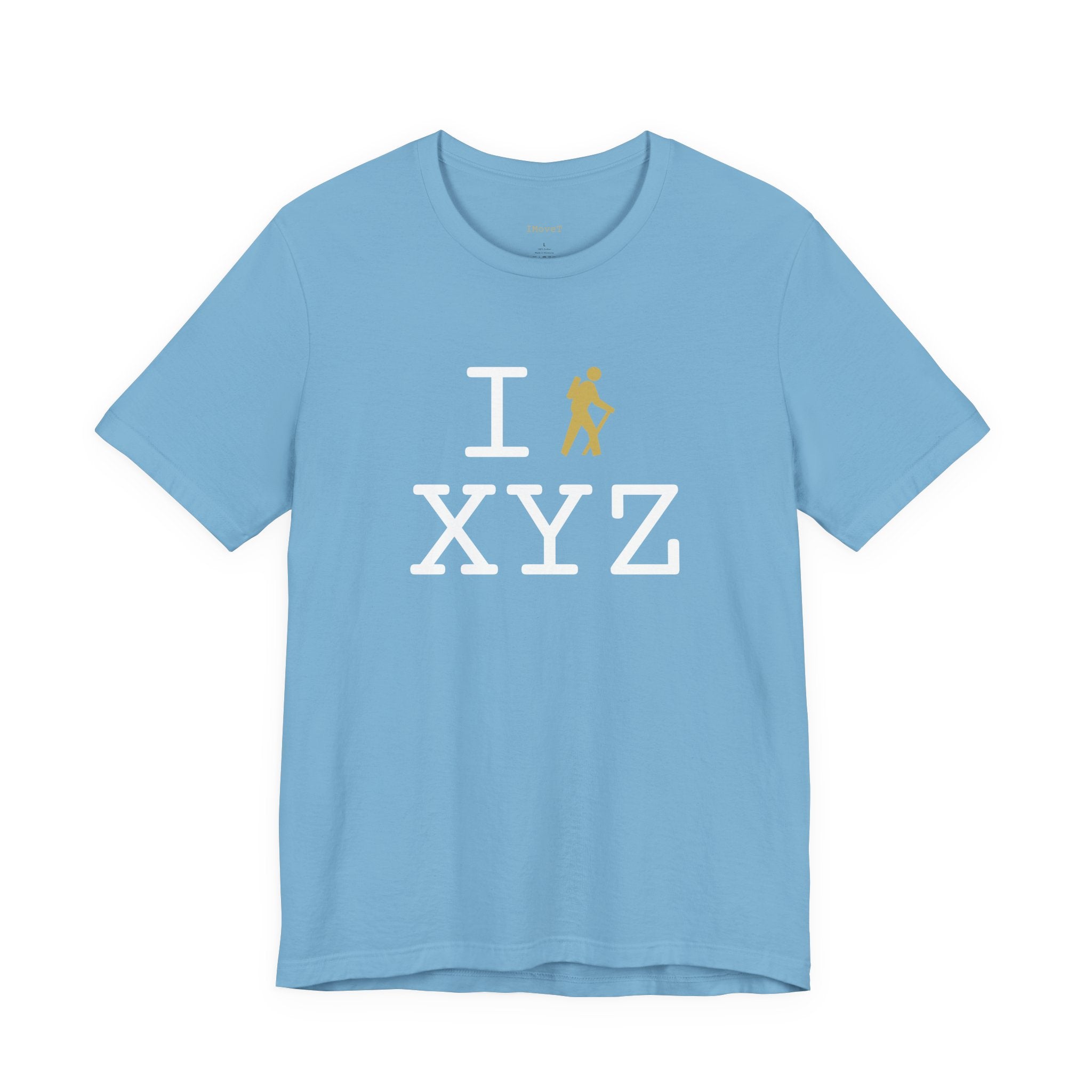 I Hike ___ unisex T, gold hiker