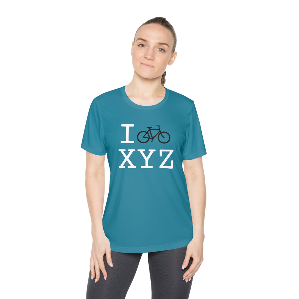 I Bike women's athletic T, black bike