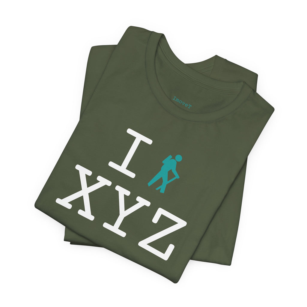 I Hike unisex T, teal hiker