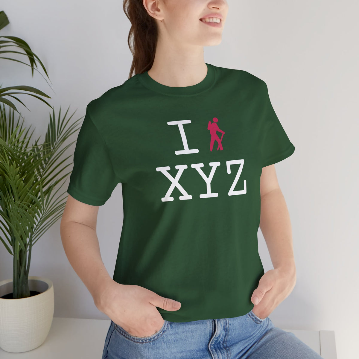 I Hike unisex T, hot pink hiker