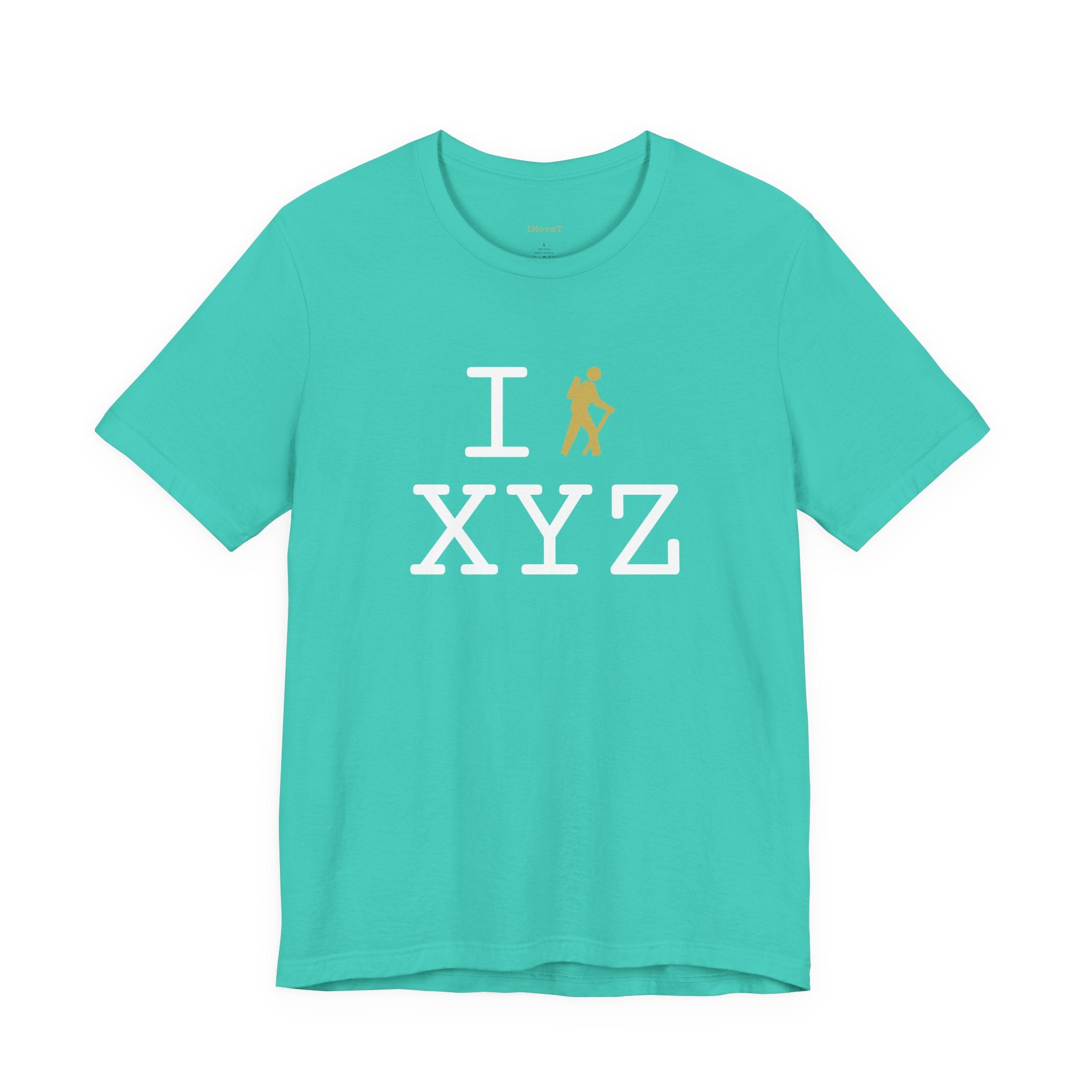 I Hike ___ unisex T, gold hiker