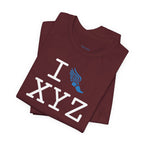 I Run unisex T, light blue logo