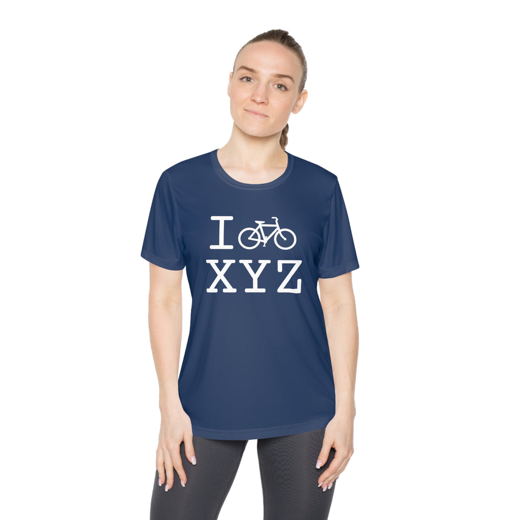 I Bike women's athletic T, white bike