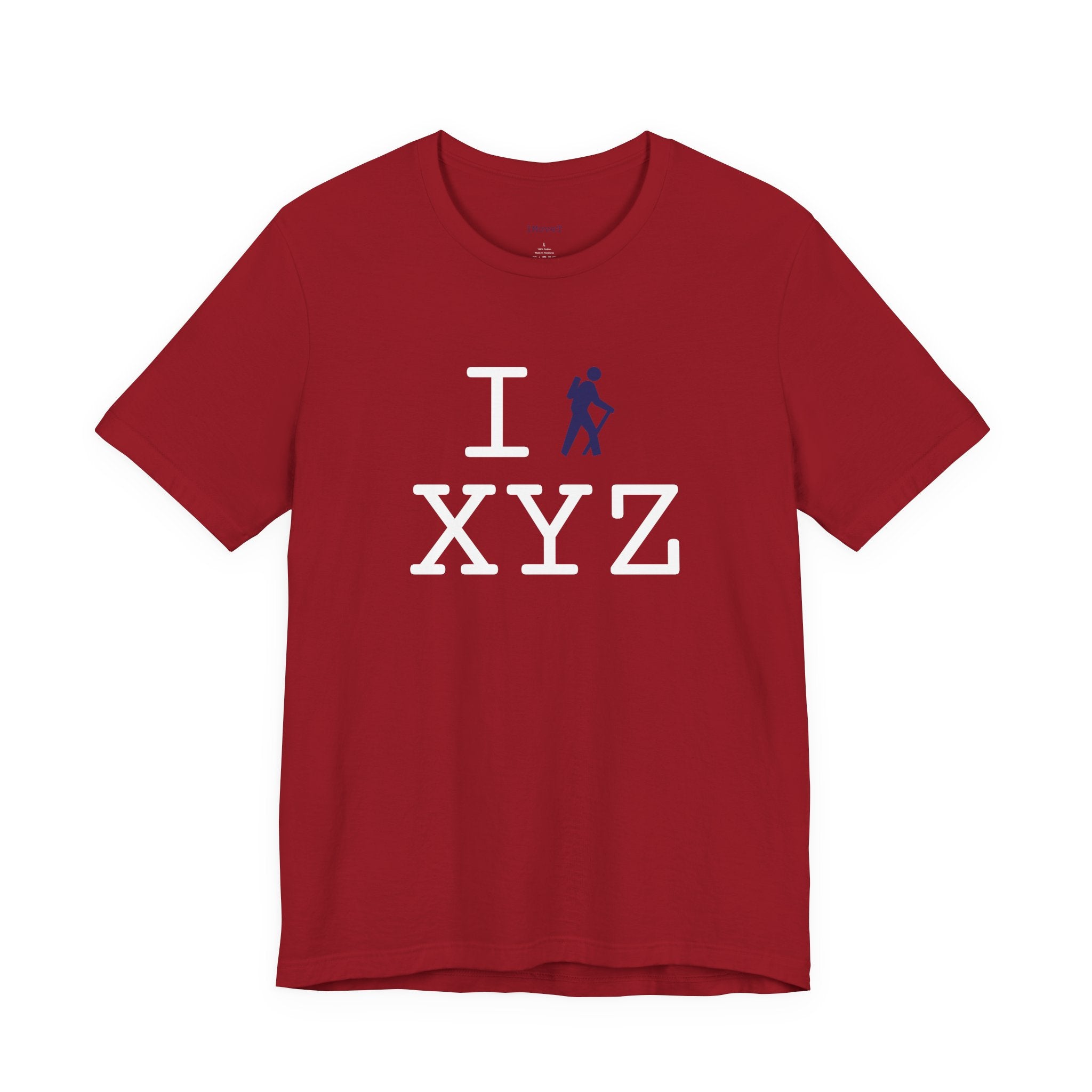 I Hike ___ unisex T, navy hiker