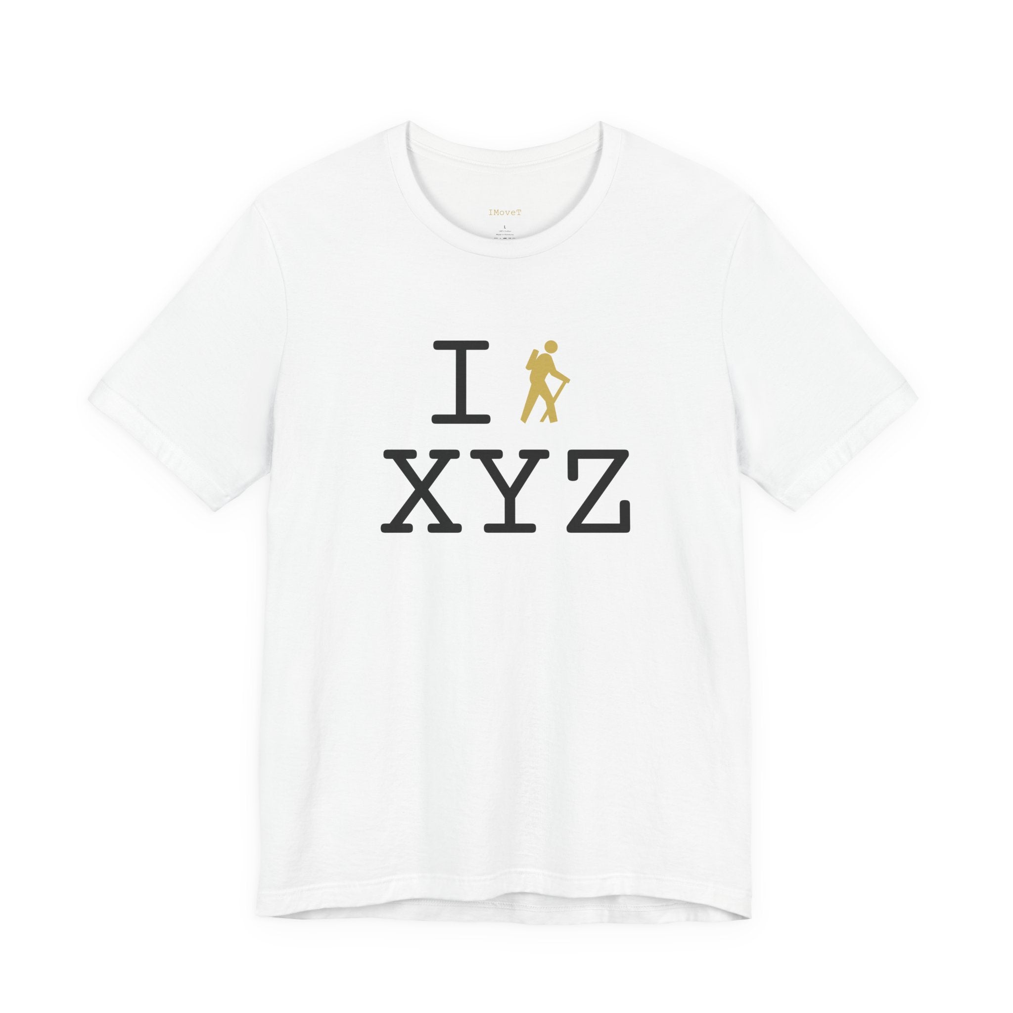 I Hike ___ unisex T, gold hiker