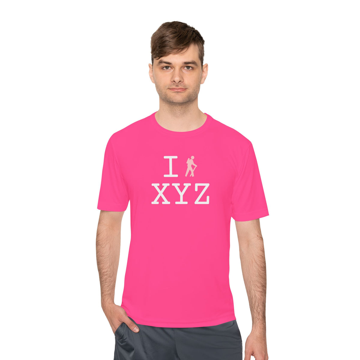 I Hike athletic T, pink hiker