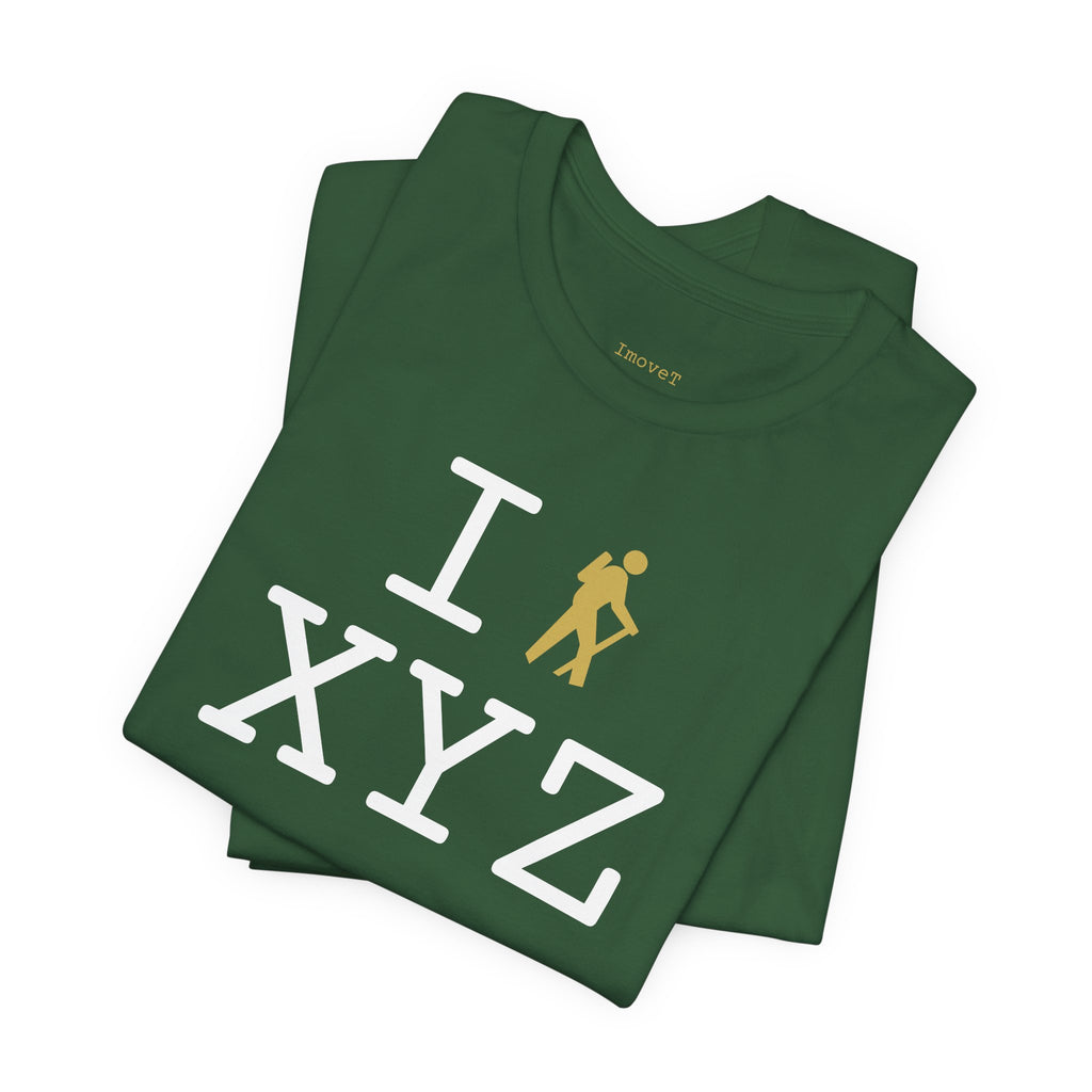 I Hike unisex T, gold hiker