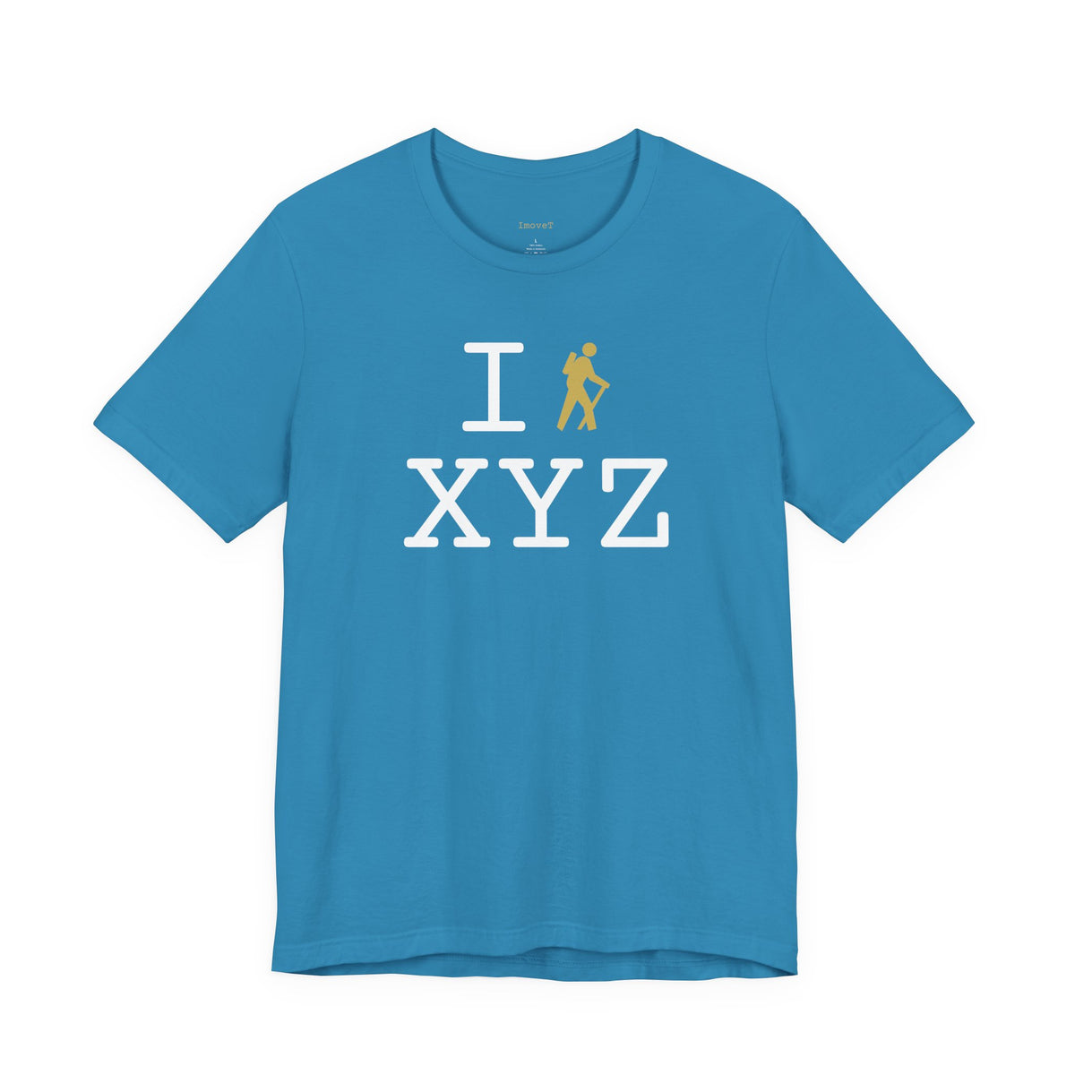 I Hike unisex T, gold hiker