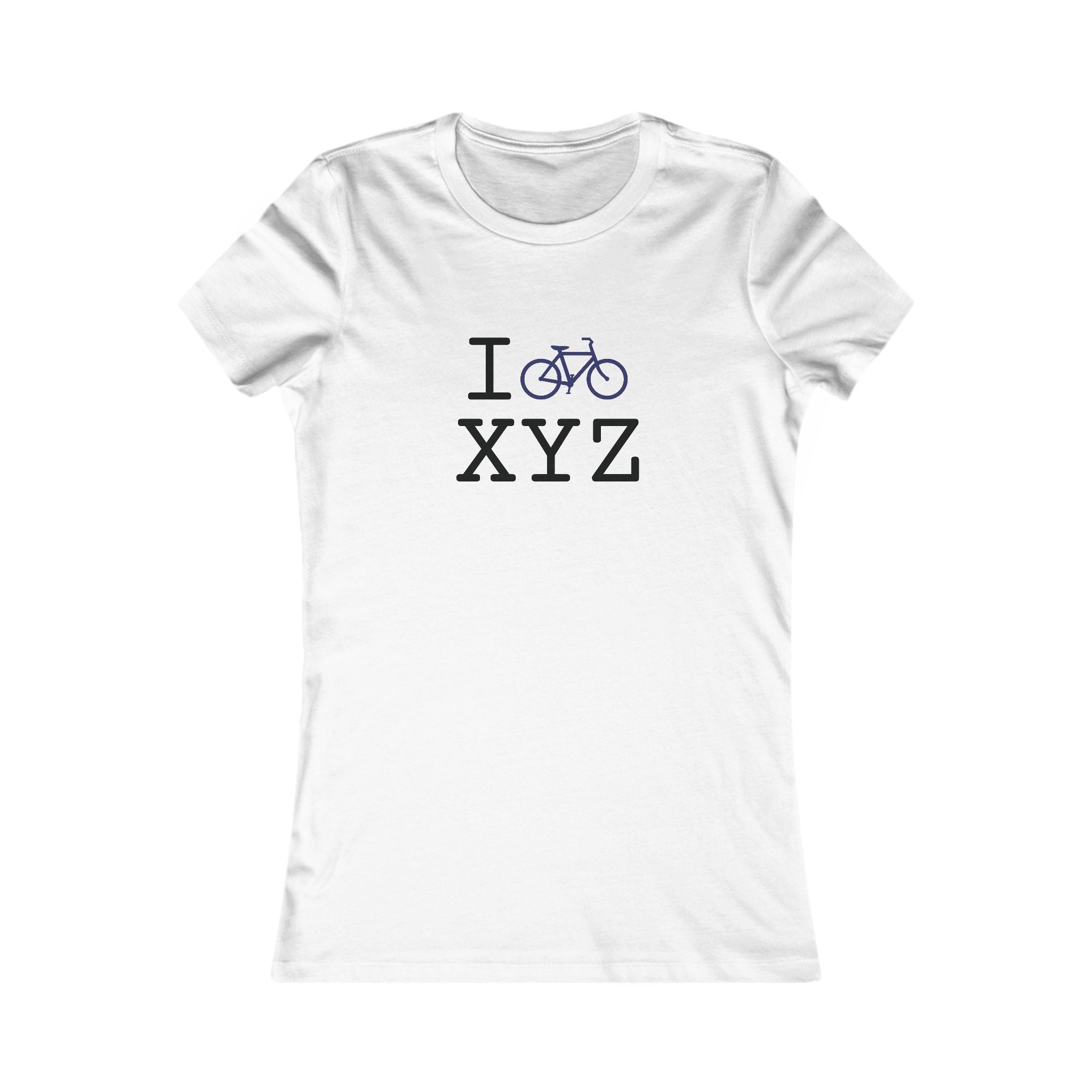 "I Bike ___" women's T, navy bike