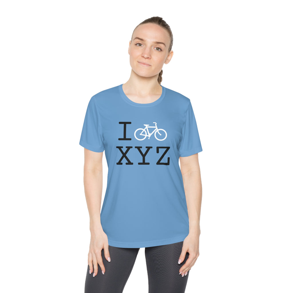 I Bike women's athletic T, white bike