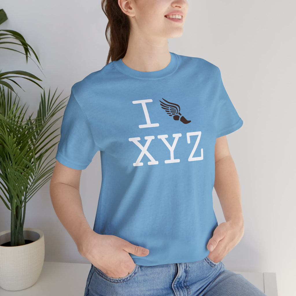 I Run unisex T, brown logo