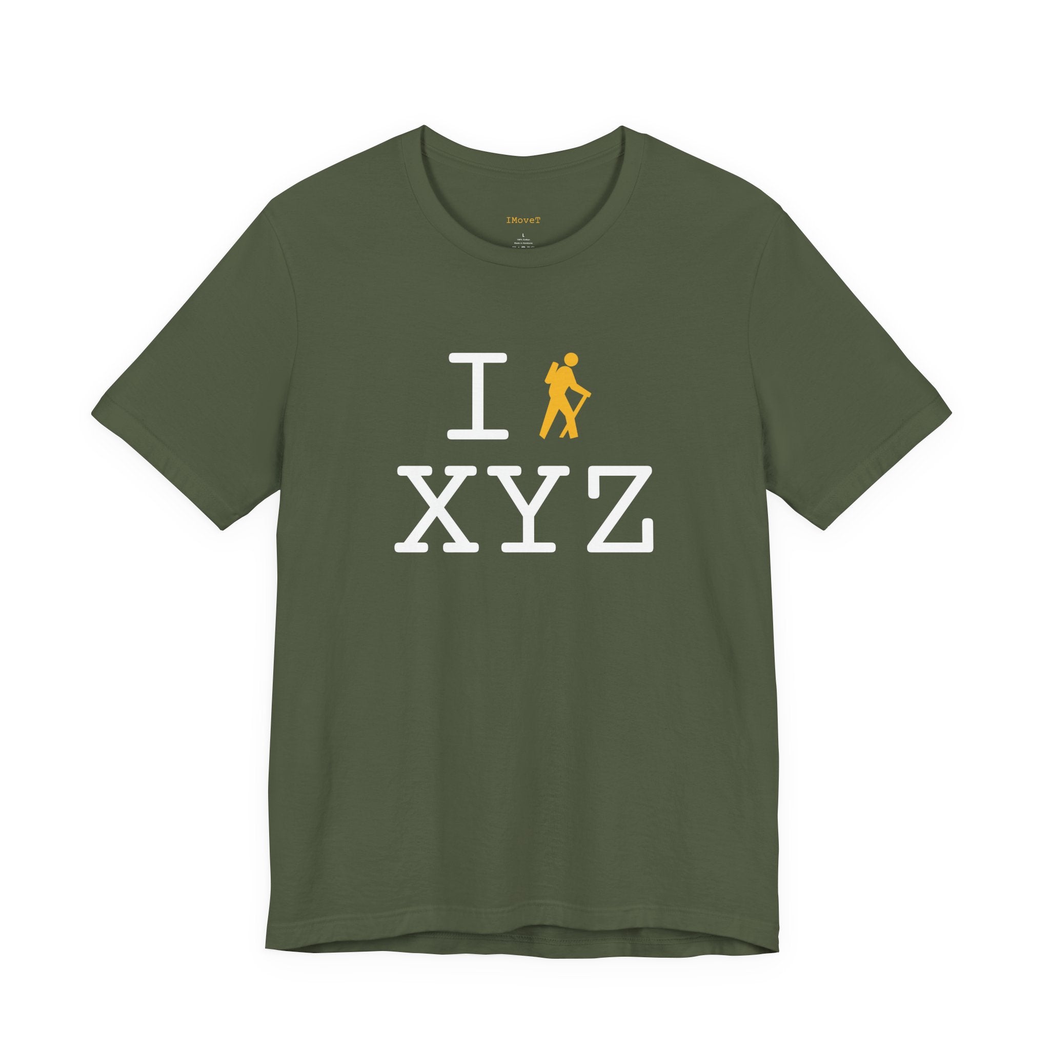 I Hike ___ unisex T, yellow hiker