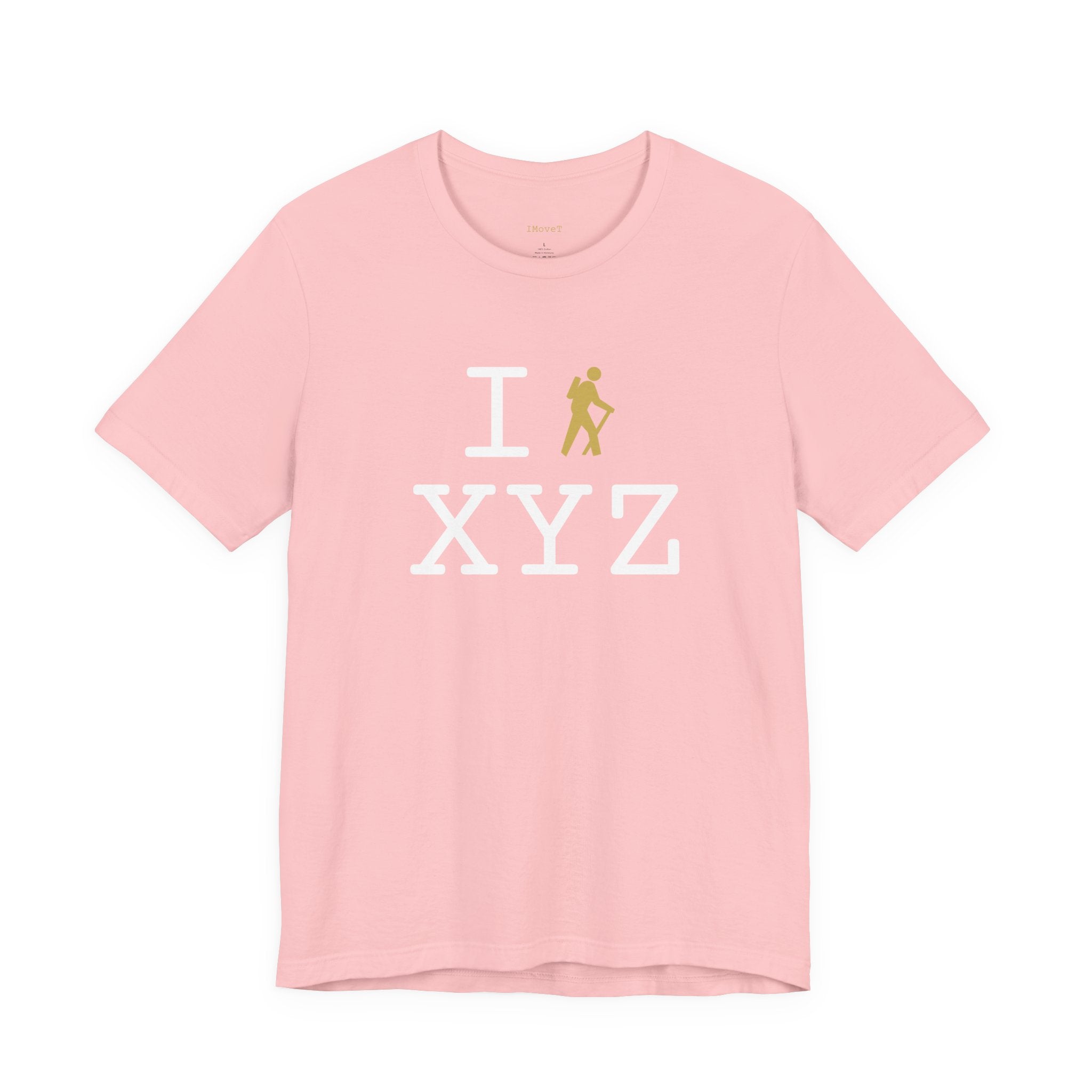 I Hike ___ unisex T, gold hiker