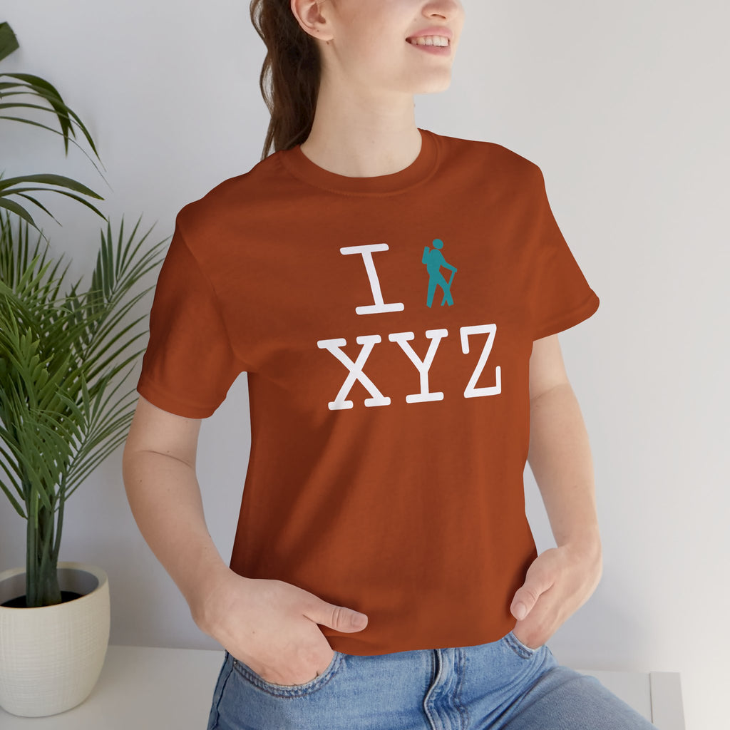 I Hike unisex T, teal hiker