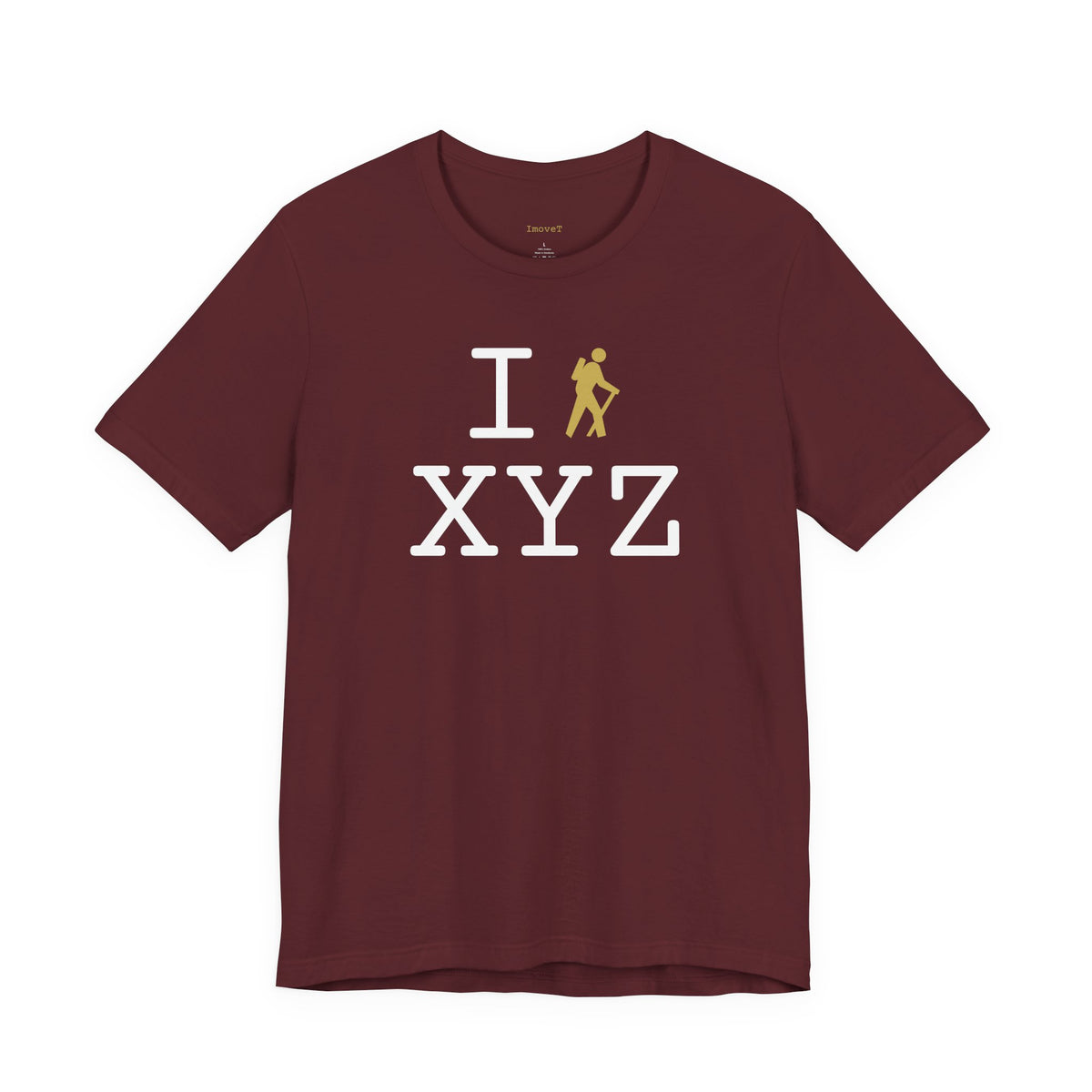 I Hike unisex T, gold hiker