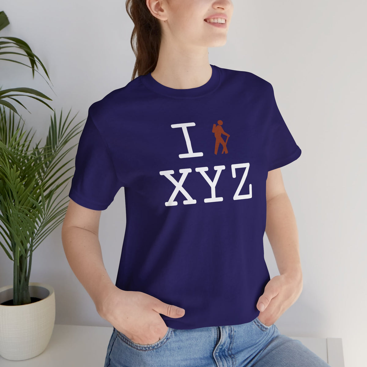 I Hike unisex T, dark orange hiker