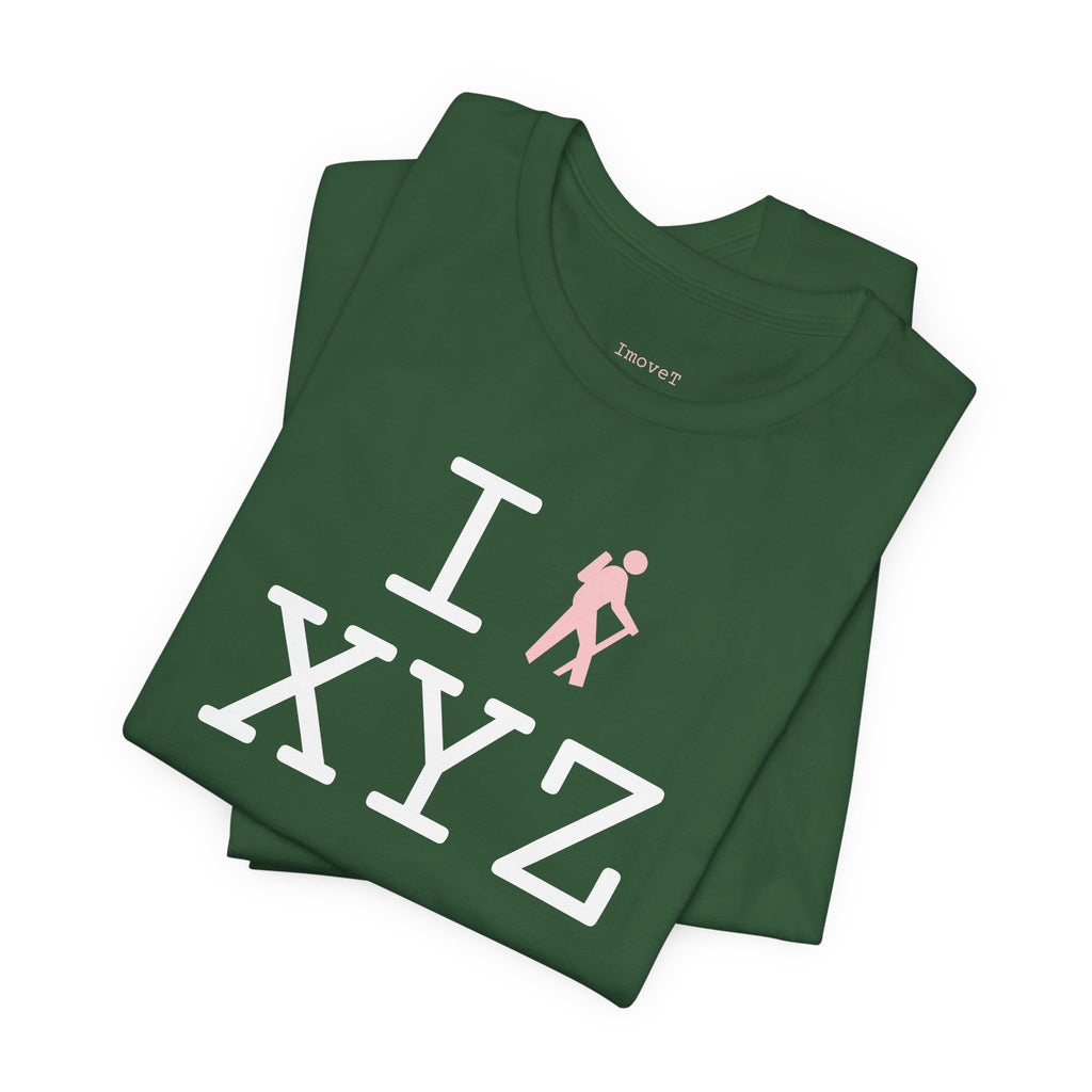 I Hike unisex T, pink hiker