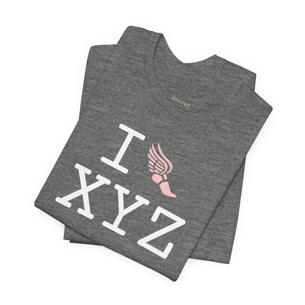 I Run unisex T, pink logo