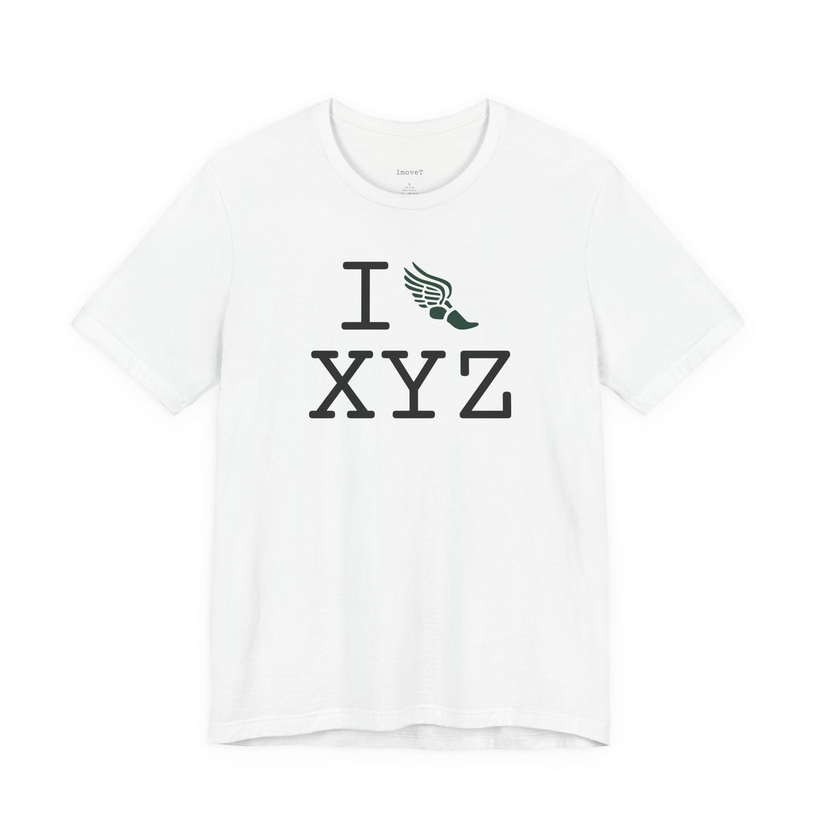 I Run unisex T, dark green logo