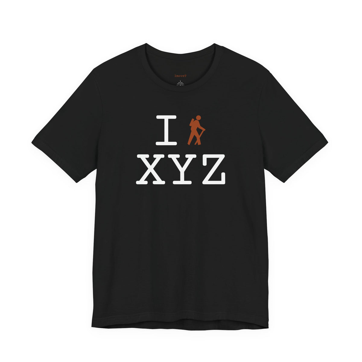 I Hike unisex T, dark orange hiker