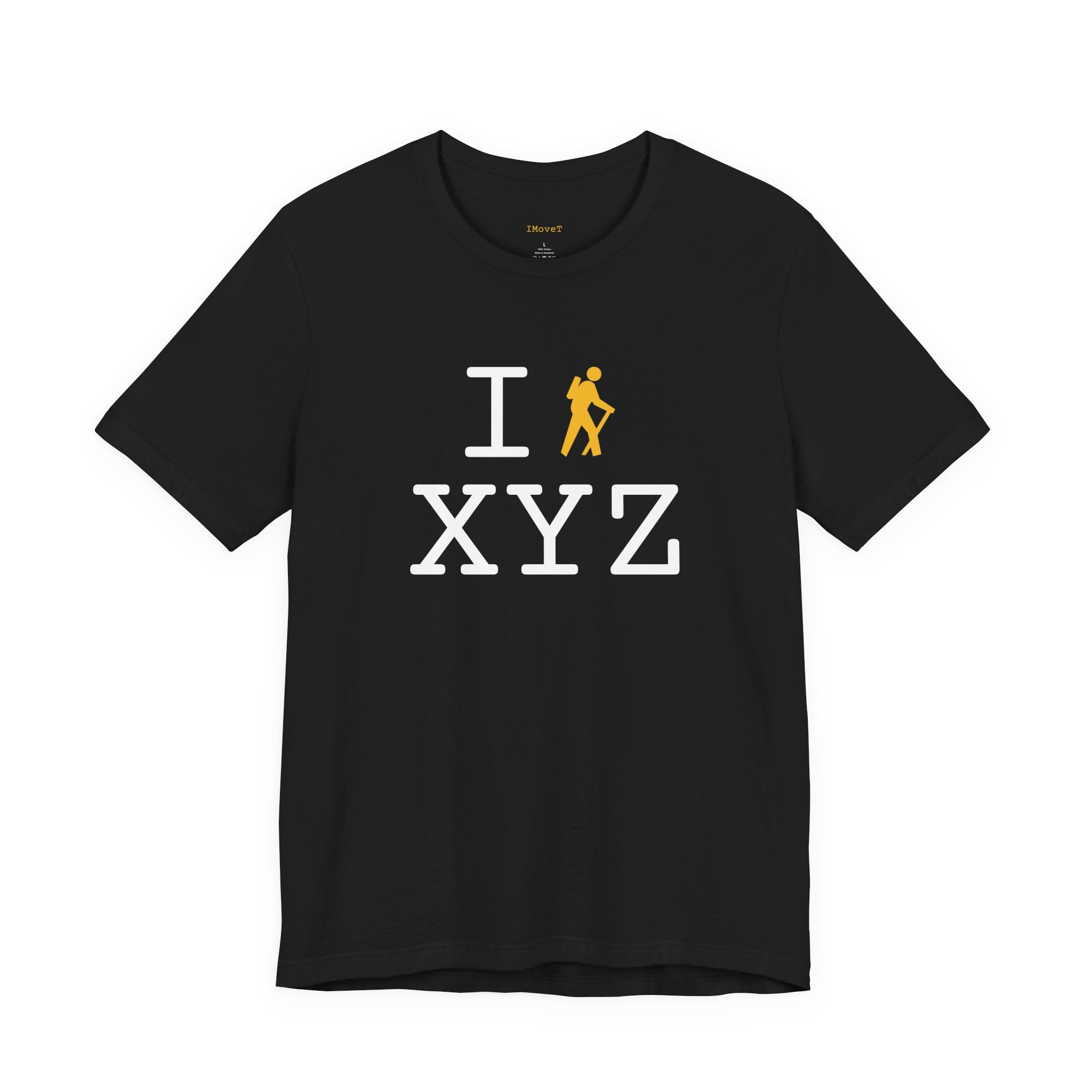I Hike ___ unisex T, yellow hiker