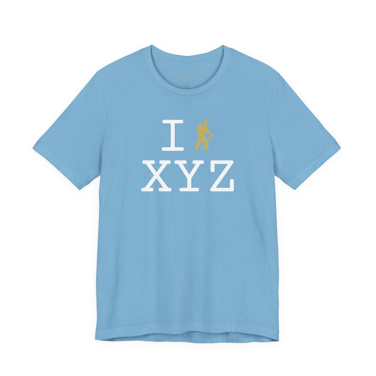 I Hike unisex T, gold hiker