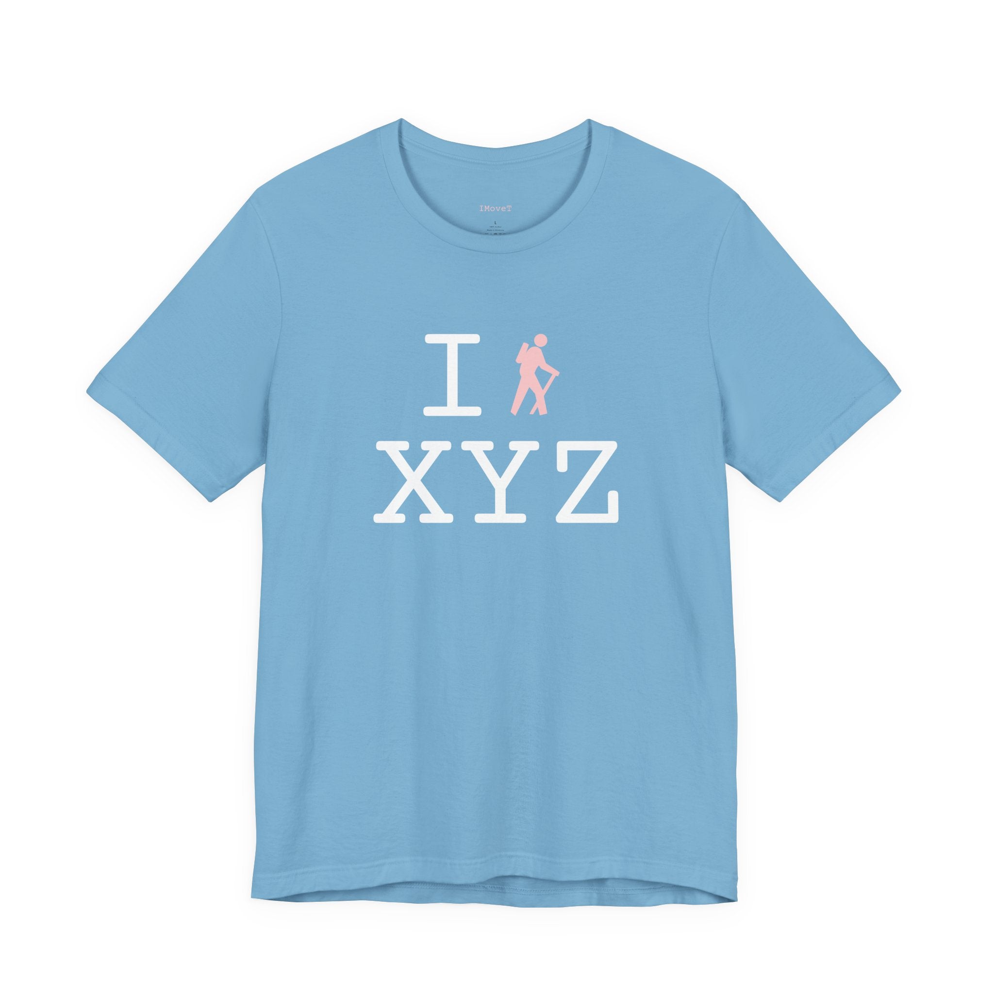 I Hike ___ unisex T, pink hiker