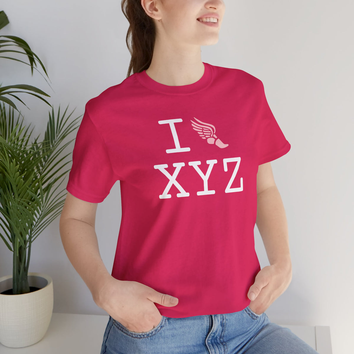 I Run unisex T, pink logo
