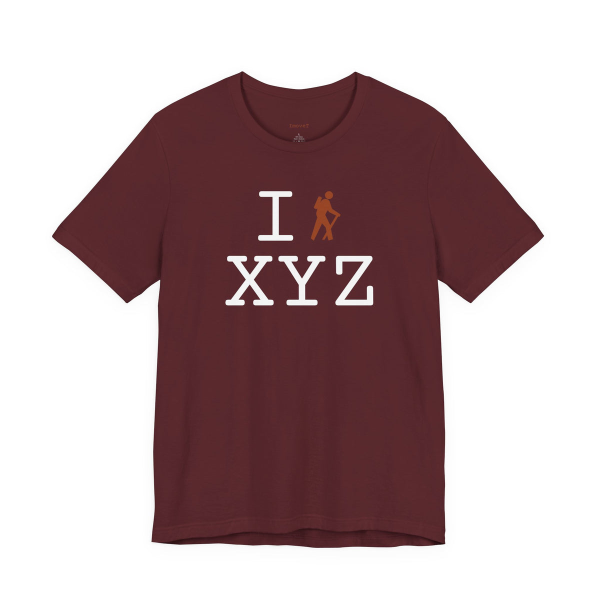 I Hike unisex T, dark orange hiker