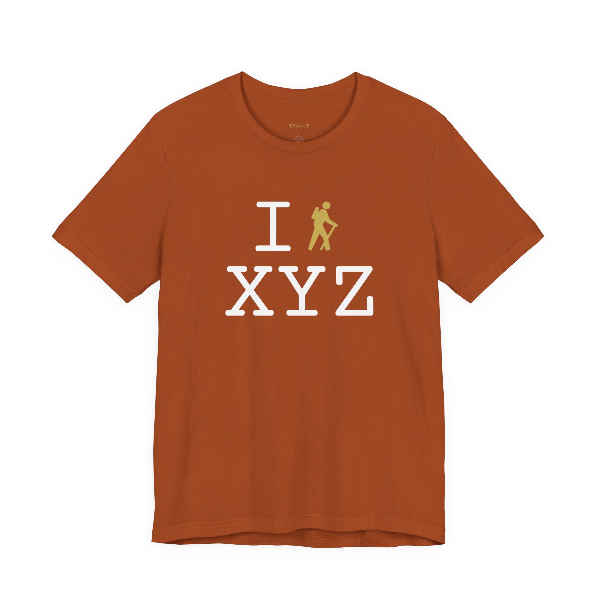 I Hike ___ unisex T, gold hiker