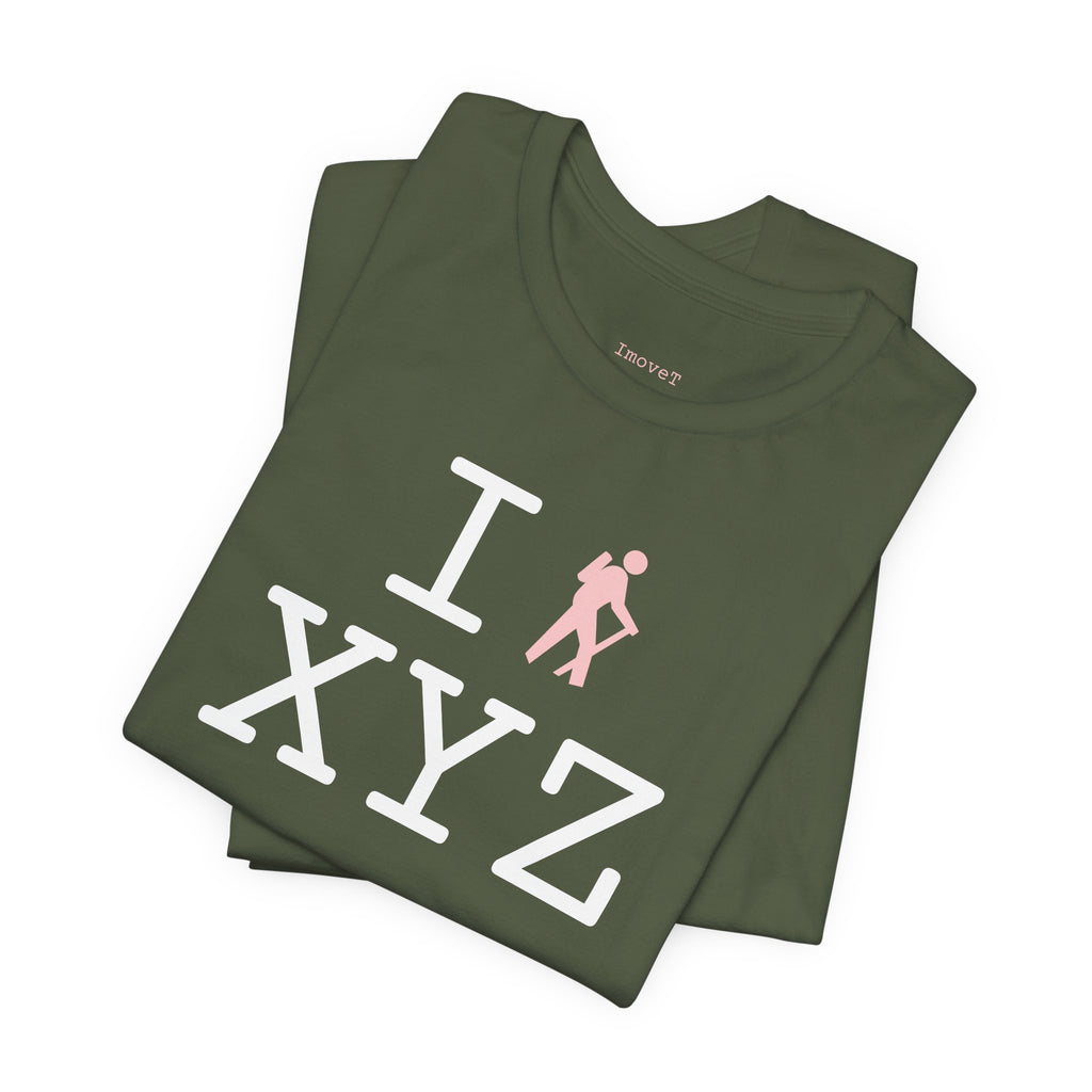 I Hike unisex T, pink hiker