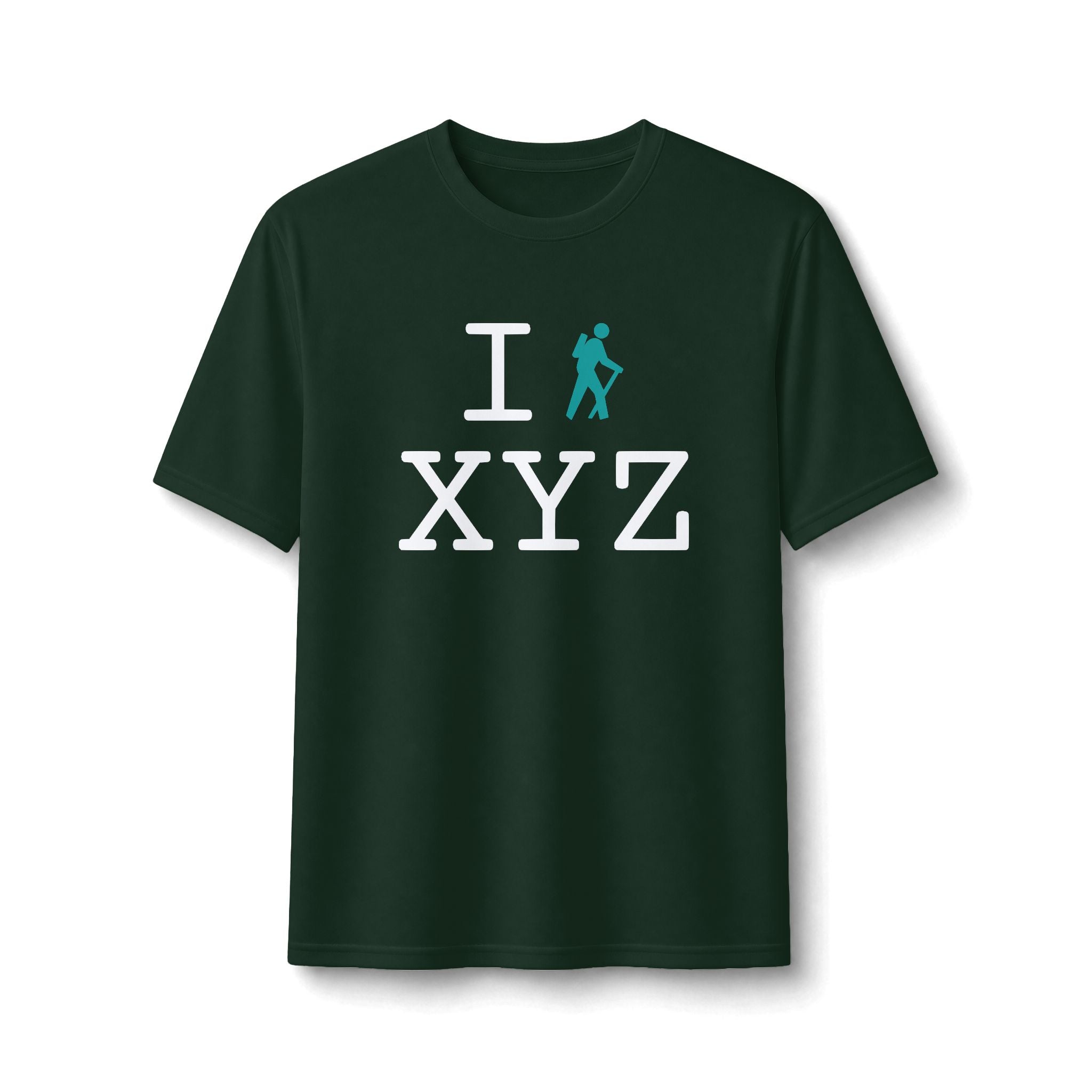 "I Hike ___" athletic T, teal hiker