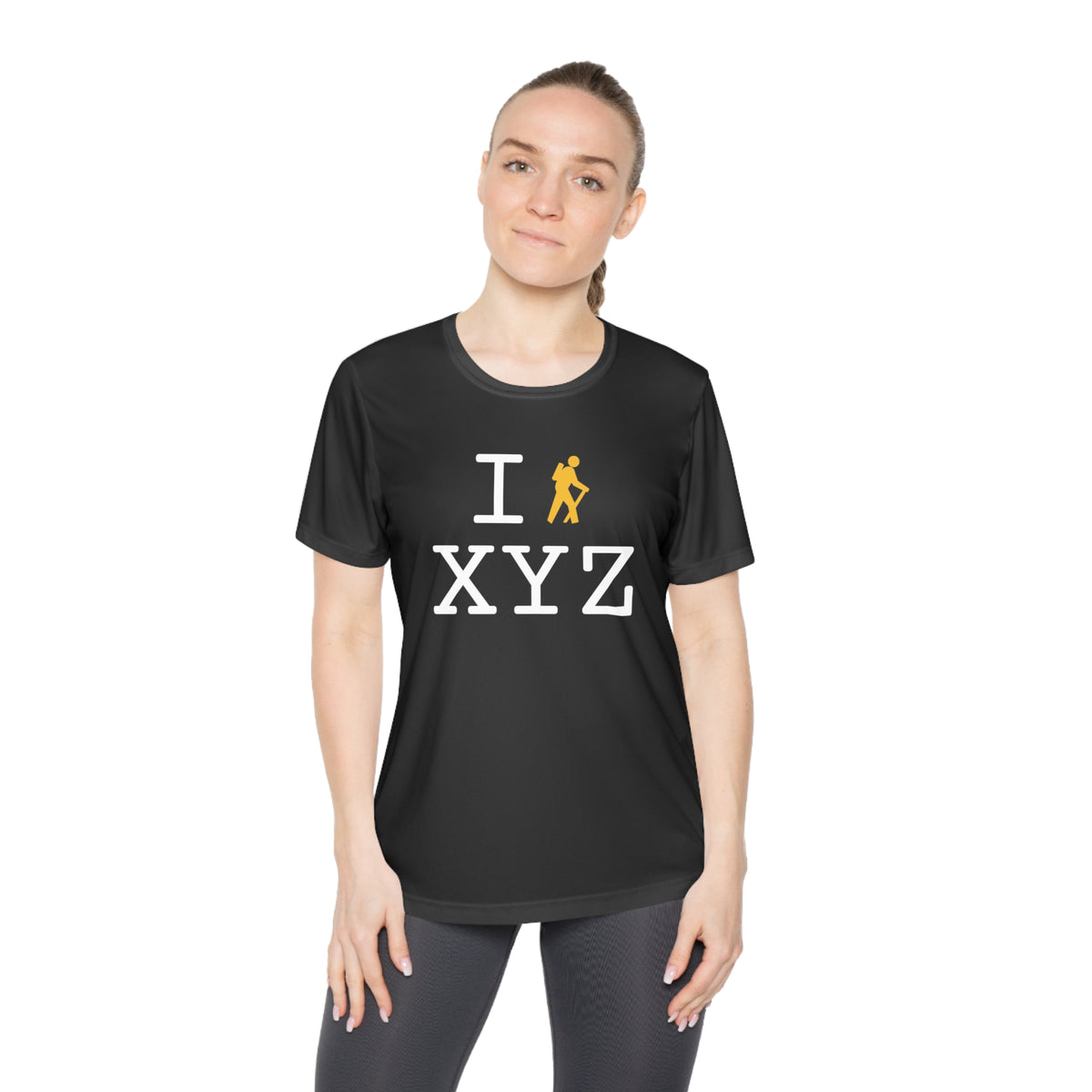 I Hike women's athletic T, yellow hiker