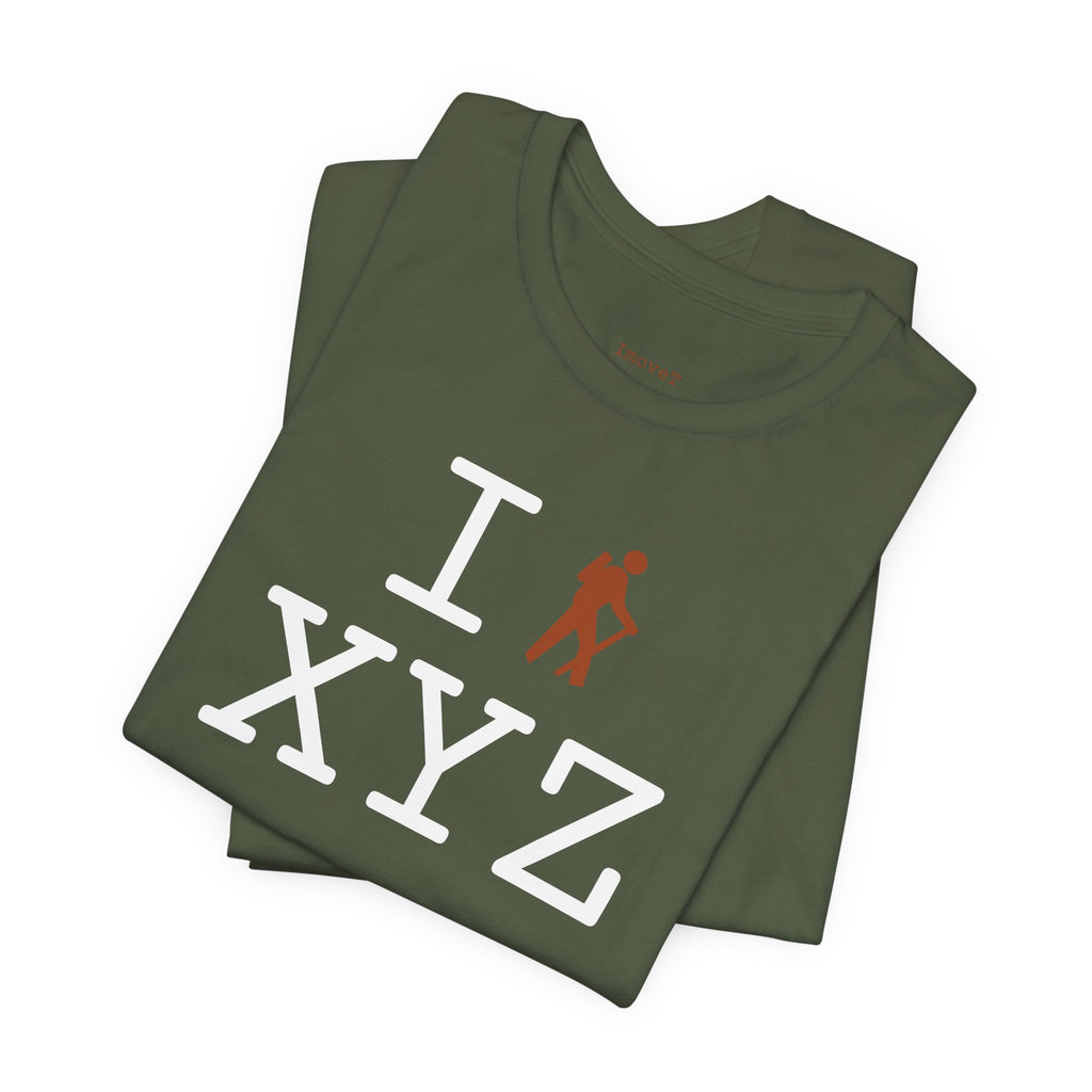 I Hike unisex T, dark orange hiker