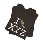I Run unisex T, gold logo